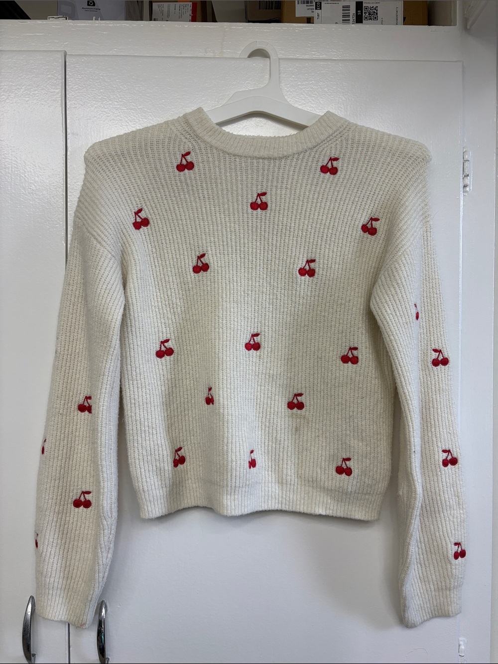 a new day Cream Crewneck Sweater with Red Cherry Embroidery